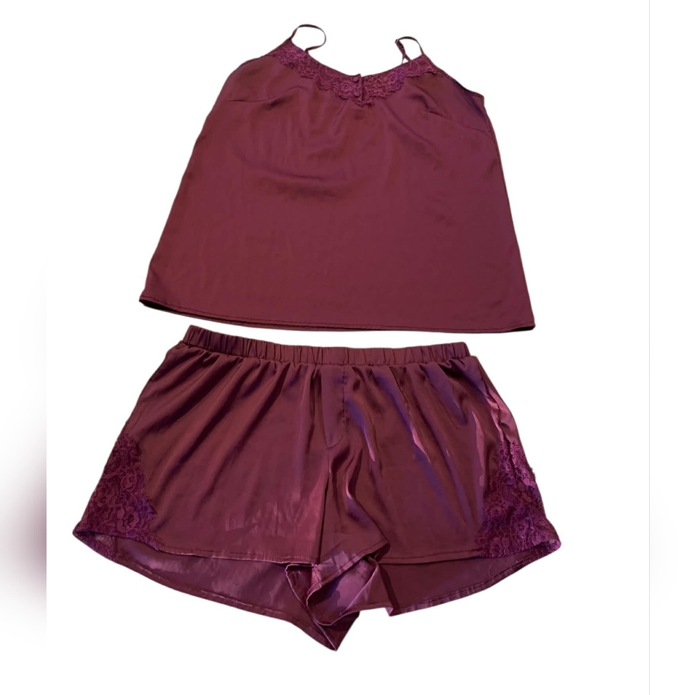 iCollection Satin Lace Pajama Set Coquette Soft‎ Girl Aesthetic Dark Plum Purple